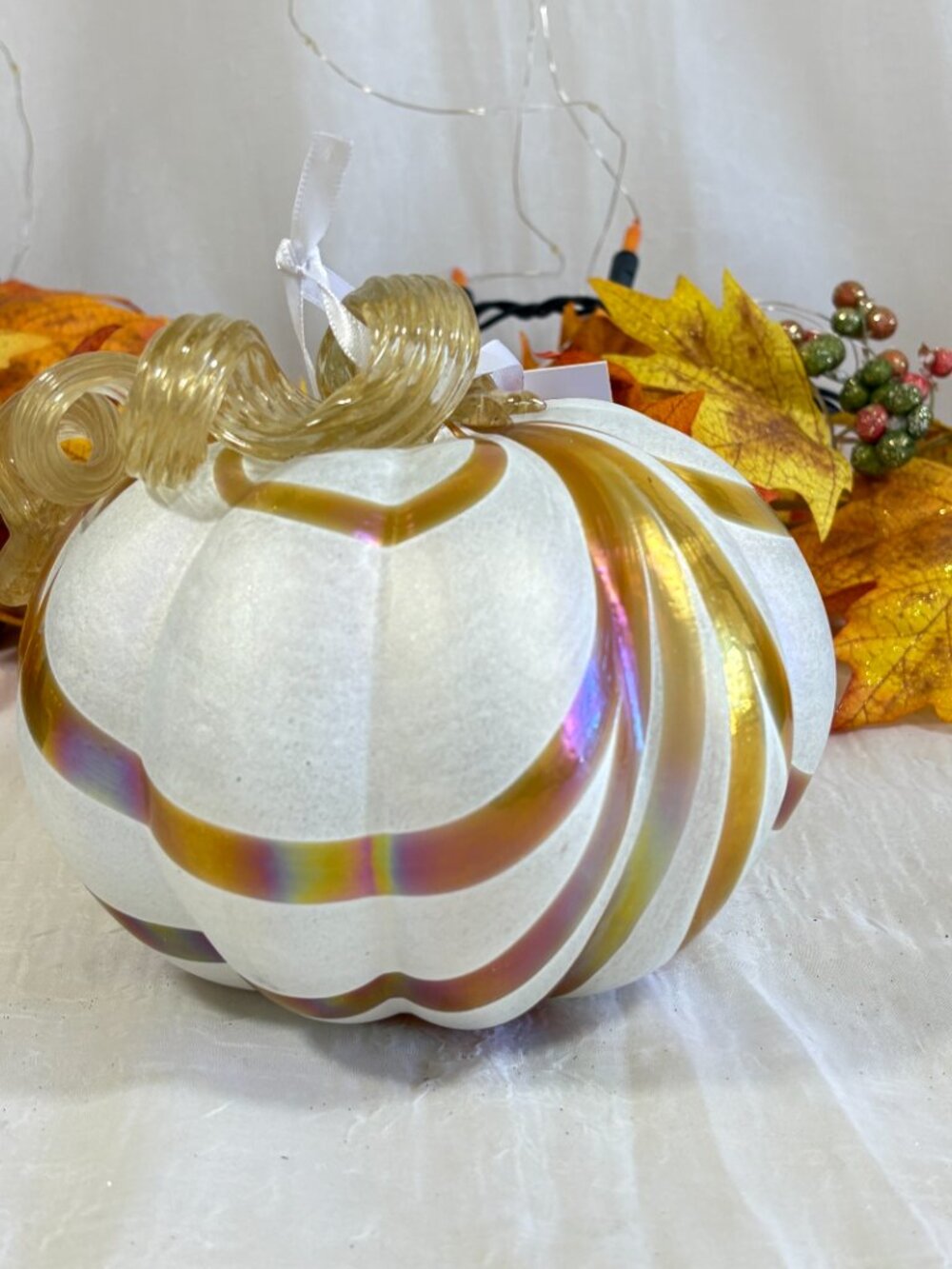 Mikasa Hand Blown Iridescent White Amber Gold Swirl Blown Glass Pumpkin Shabby